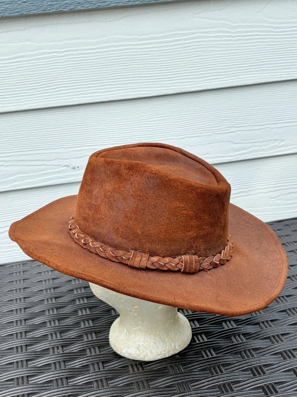 Vintage 90s Minnetonka Brown Suede Leather Outback Cowboy Hat Size LARGE USA